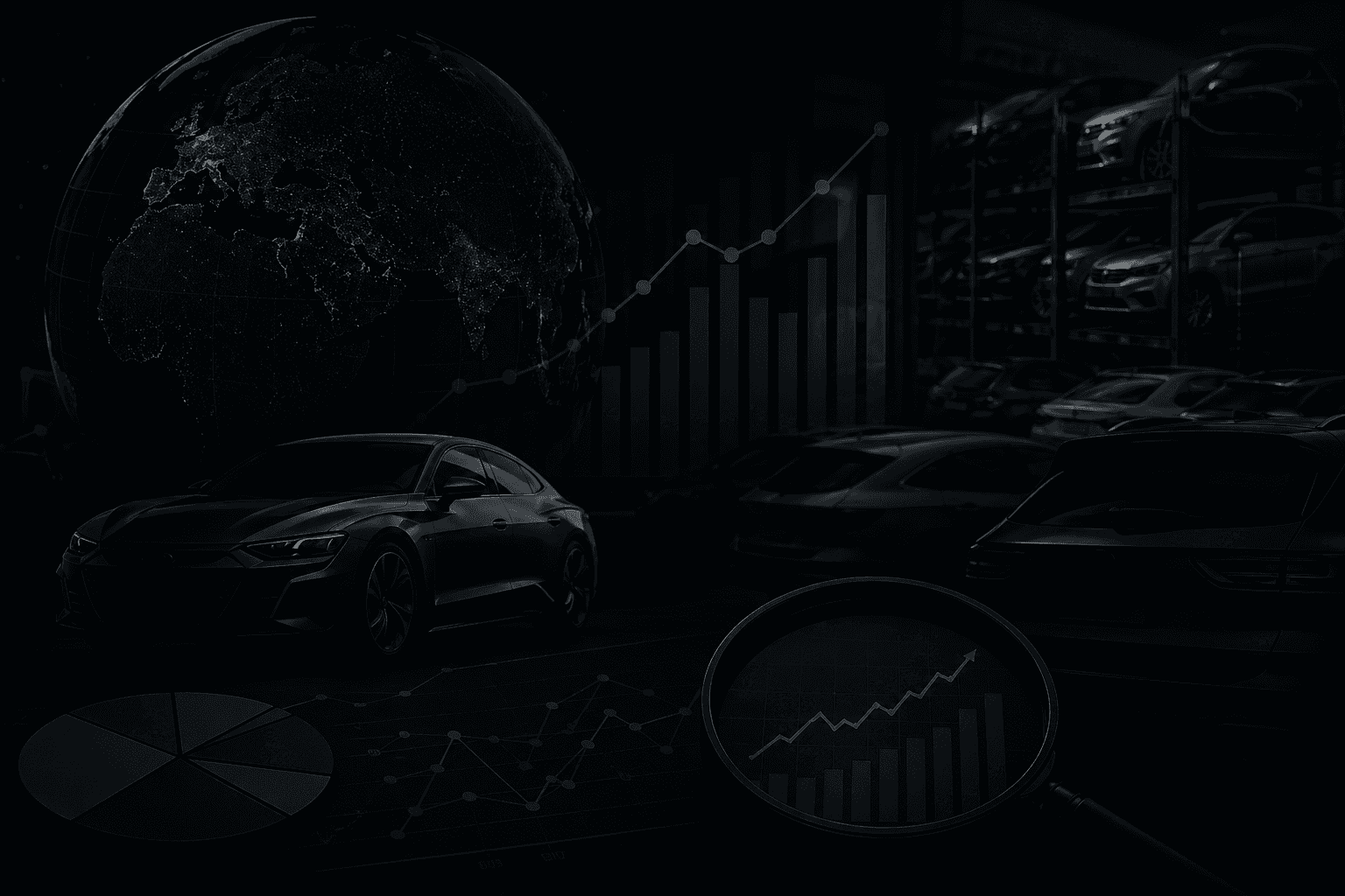 Flotte de voitures modernes sombres représentant la base de données automobile exhaustive et l'intelligence de marché fournies par FEBIAC Data Services.